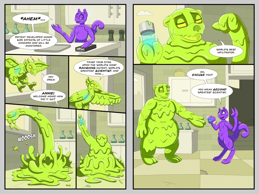 anthro dialogue female glistening glistening_body goo_transformation goofur green_body group laboratory male morphing post-apocalyptic purple_body science scientist slime text transformation wasteland wastelander_drex wastelanders annie_(zeta-1) drex_(wastelander_drex) alien avian bear bird goo_creature mammal absurd_res comic english_text hi_res story