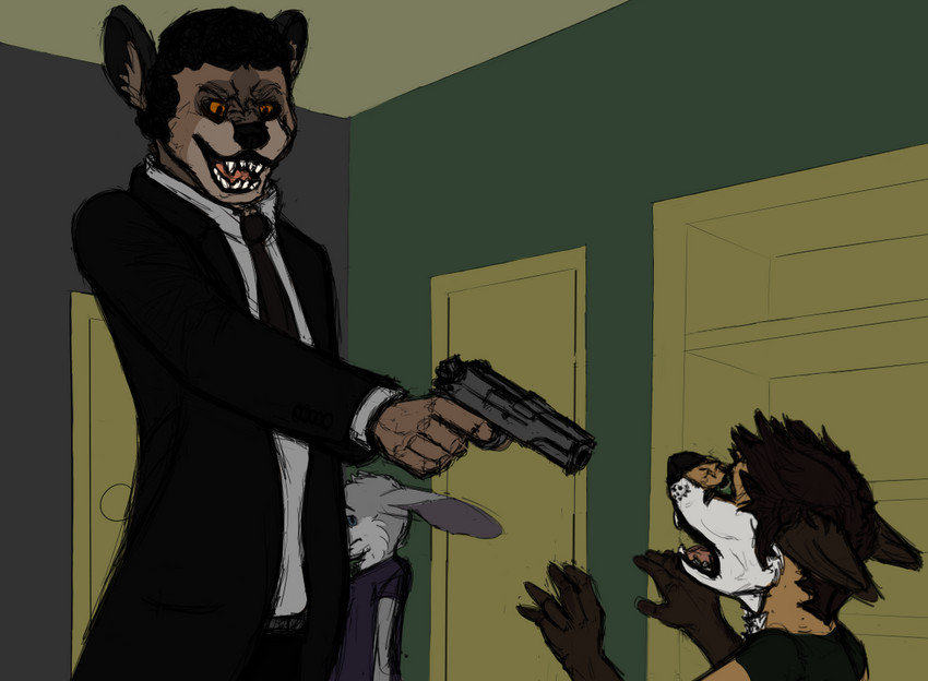 anthro black_hair brown_hair clothing group gun hair male office ranged_weapon scared suit threatening weapon junijoobs pulp_fiction brett_(pulp_fiction) jules_winnfield canid canine fox hyena lagomorph leporid mammal rabbit 2018 digital_media_(artwork)