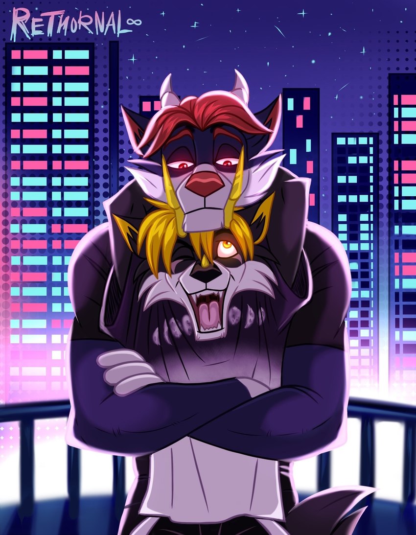 anthro balcony city city_background duo emotional hug hugging_another hugging_from_behind love love_handles male male/male night romantic romantic_couple town rethornal walk-w-igny ignatius_walker_(walk-w-igny) igny_superstar sebastian_brighton_(walk-w-igny) canid canine canis mammal wolf hi_res