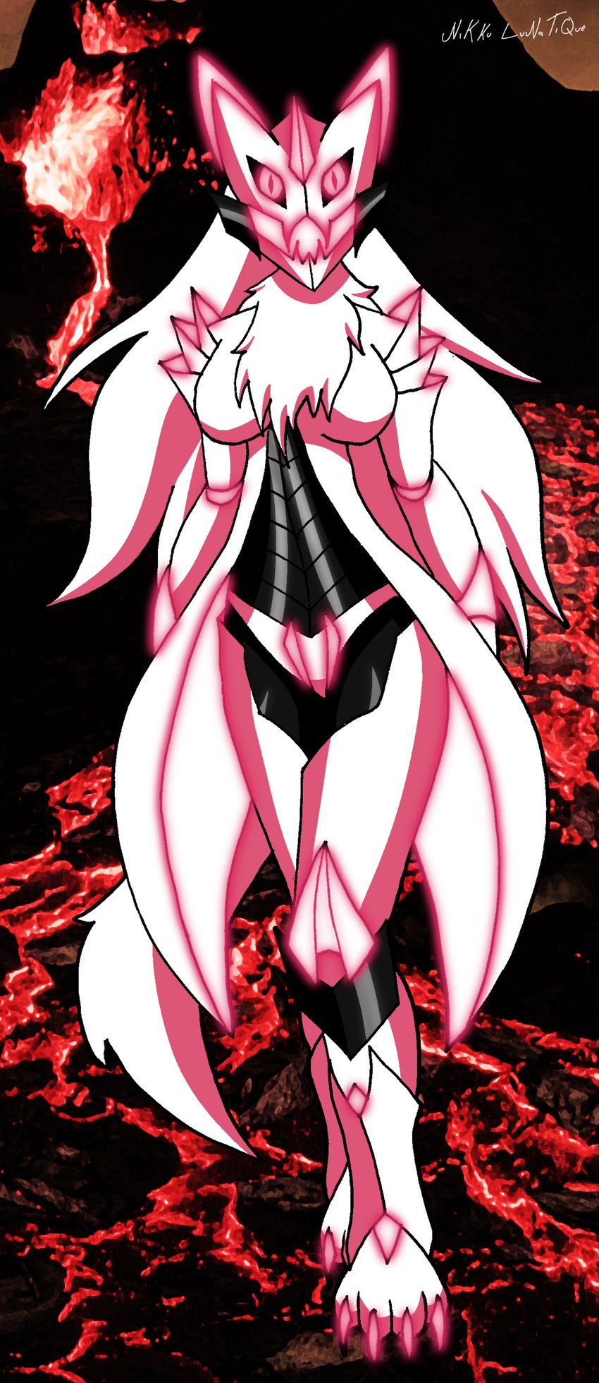 anthro big_breasts black_body black_sclera breasts chest_tuft claws exoskeleton fangs female fur glowing glowing_eyes glowing_markings hair horn lava long_hair looking_at_viewer markings membrane_(anatomy) open_mouth pink_body pink_claws pink_eyes solo spikes spikes_(anatomy) standing teeth tuft volcano white_body white_fur white_hair nikku_lunatique charlie_(nikku_lunatique) canid canine canis fox mammal monster tier_(species) absurd_res hi_res