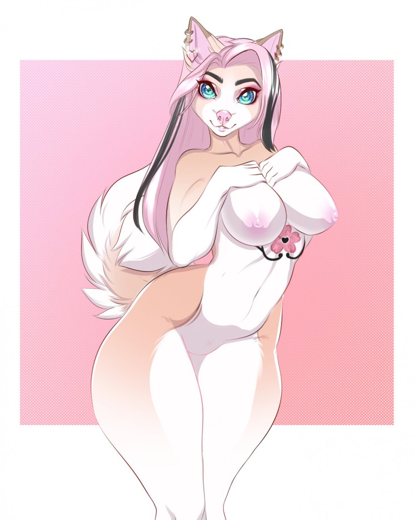 5_fingers anthro areola breasts ear_piercing ear_ring eyebrows eyelashes featureless_crotch female fingers hair looking_at_viewer navel nipples nude piercing pink_hair ring_piercing smile solo amur canid canine canis domestic_dog mammal 2021 digital_media_(artwork) hi_res