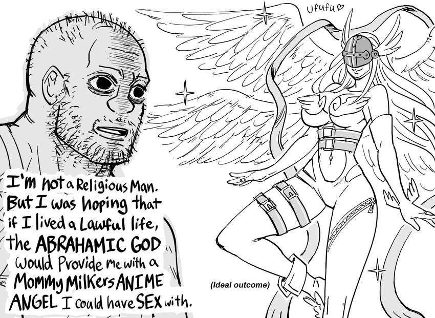 duo feathered_wings feathers female humor male muscular muscular_human muscular_male not_furry stubble text wings baalbuddy bandai_namco coomer_wojak digimon wojak angel angel_humanoid angewomon digimon_(species) human humanoid mammal winged_humanoid 2022 comic english_text hi_res monochrome