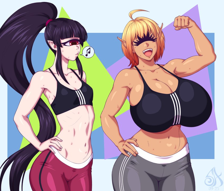 5_fingers big_breasts black_hair bottomwear bra breast_size_difference breasts cleavage clothed clothing duo eyes_closed female fingers flexing flexing_bicep hair hand_on_hip huge_breasts humanoid_pointy_ears long_hair midriff multicolored_hair not_furry open_mouth pants pointy_ears ponytail red_eyes sharp_teeth short_hair small_breasts sports_bra sweatpants teeth two_tone_hair underwear souladdicted sports_bra_difference_meme vanessa_(souladdicted) viviana_(souladdicted) cyclops humanoid 2023 absurd_res digital_media_(artwork) hi_res