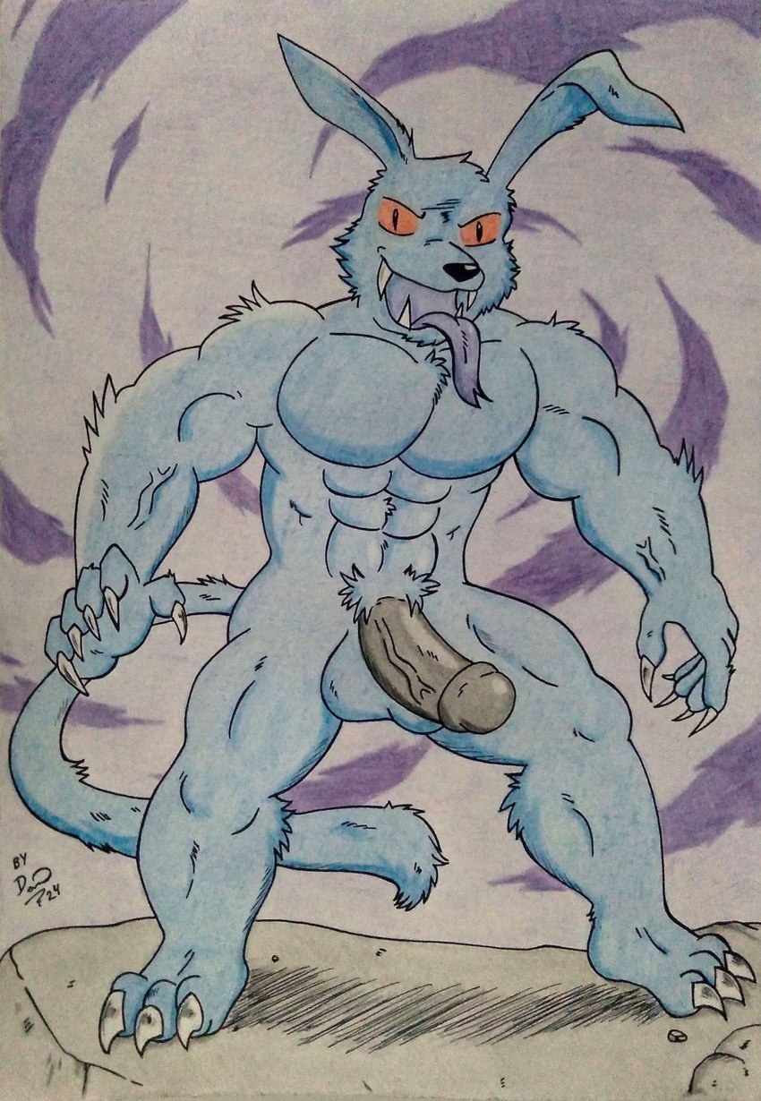 abs anthro balls barazoku biceps big_muscles big_pecs black_eyes black_nose black_penis blue_body blue_fur claws demonic demonic_eyes dream evil_face evil_look feet forked_tongue fur genitals humanoid_genitalia humanoid_hands humanoid_penis long_ears long_tongue male manly muscular muscular_anthro muscular_male nails nightmare nude nude_anthro nude_male obliques open_mouth pecs penis purple_background purple_tongue red_sclera rock sharp_nails sharp_teeth sharp_toenails simple_background solo tail teeth thick_penis toe_claws toenails toes tongue tongue_out vein veiny_arms veiny_penis dashthefox canid canine canis demon hybrid lagomorph leporid mammal rabbit wolf 2024 absurd_res character_request hi_res traditional_media_(artwork)