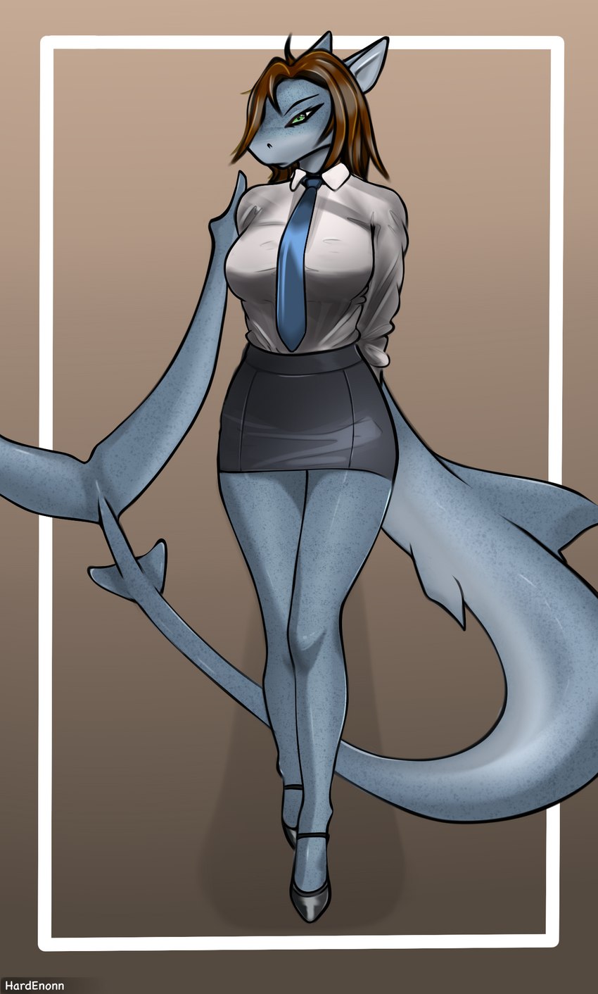 anthro blue_body bottomwear brown_hair clothing female footwear green_eyes hair moles necktie office_clothing office_lady shark_fin shark_tail shirt shoes skirt solo topwear hardenonn fish marine shark 2023 absurd_res digital_media_(artwork) hi_res