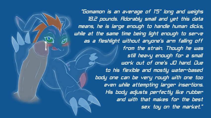 anthro blush bodily_fluids caption claws digiphilia disembodied_penis duo erection feral genital_fluids genitals hair interspecies licking licking_lips male male/male parody penis precum red_hair solo_focus tapering_penis text tongue tongue_out theoryofstrings bandai_namco digimon vaporeon_copypasta digimon_(species) gomamon human mammal 16:9 english_text hi_res meme widescreen