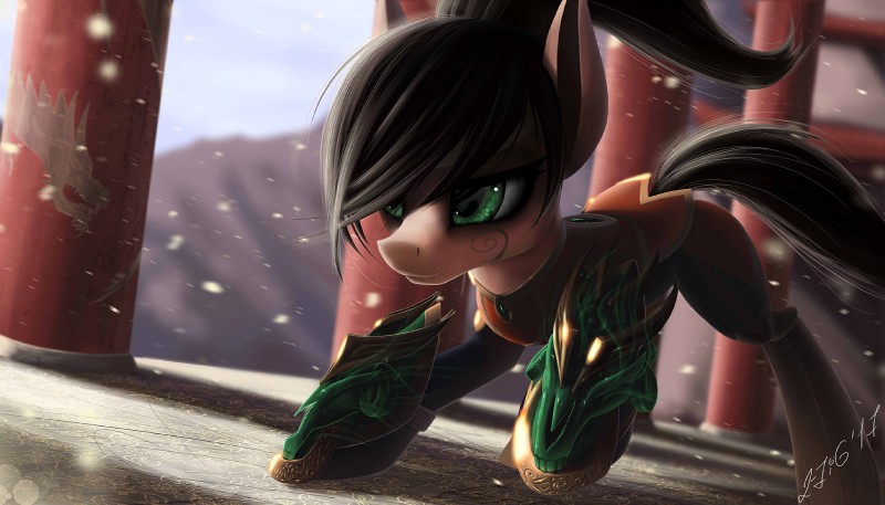 black_hair clothed clothing detailed_background female green_eyes hair hooves smile solo zigword hasbro my_little_pony fan_character equid mammal 2017 detailed digital_media_(artwork) hi_res