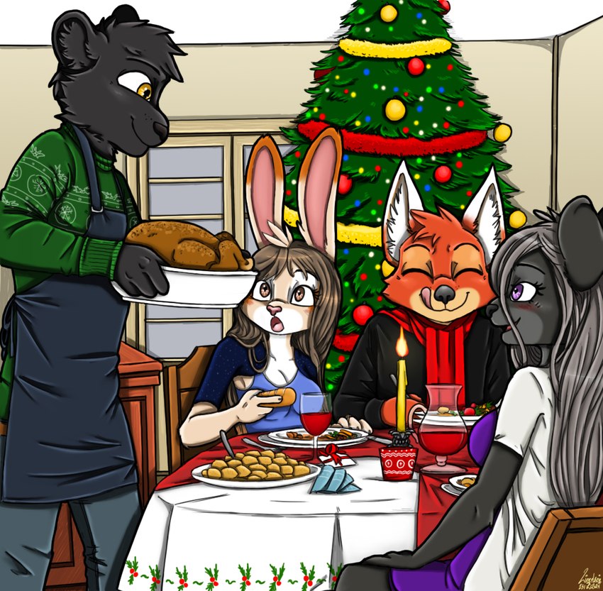 alcohol anthro beverage black_body black_fur brown_body brown_eyes brown_fur brown_hair christmas_clothing christmas_tree clothing female fur furniture glass grey_body grey_fur grey_hair group hair holidays male orange_body orange_fur plant purple_eyes table tan_body tan_fur tree white_body white_fur wine yellow_eyes ziegelzeig bad_guy_cafe christmas cathleen_velvetpaw ocerydia_zoona shevron ziegelzeig_zoona canid canine felid fox lagomorph leporid mammal pantherine rabbit