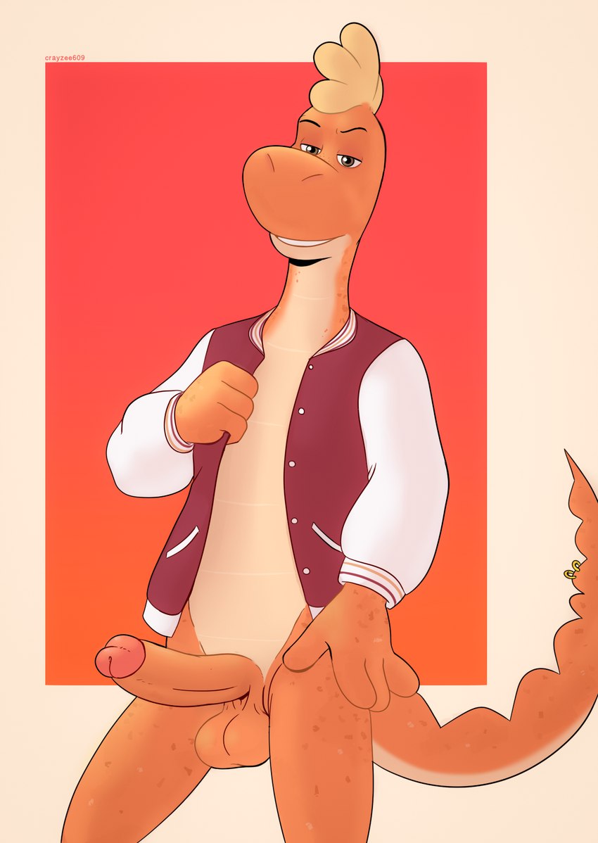 4_fingers anthro balls border bottomless bottomless_anthro bottomless_male clothed clothing fingers genitals gradient_background jacket letterman_jacket lidded_eyes male penis simple_background solo teeth topwear white_border emulsified_bungus tito_lizzardo_and_catty_b tito_lizzardo_(character) lizard reptile scalie 2021 artist_name hi_res