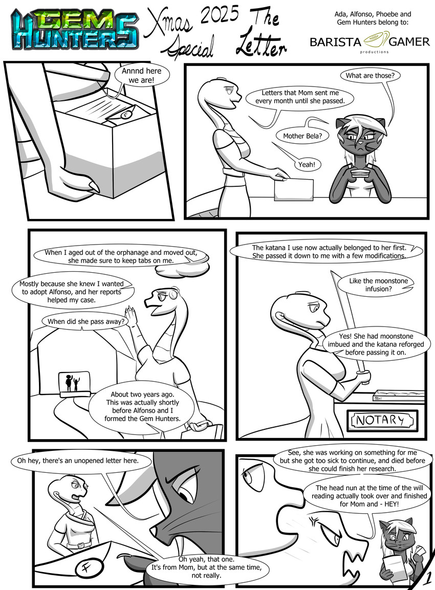 anthro box building cloud cochlear_implant_processor container deaf eating female food gesture house katana letter melee_weapon sandwich_(food) suitcase sword waving weapon baristagamerproductions ada_(gem_hunters) phoebe_(gem_hunters) felid feline mammal reptile scalie snake absurd_res comic hi_res monochrome