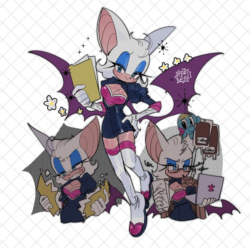 ambiguous_gender annoyed anthro armwear beverage breasts clothing coffee computer document drinking drinking_coffee duo elbow_gloves electronics eyeshadow female footwear gloves handwear holding_object iv_bag laptop makeup membrane_(anatomy) membranous_wings narrowed_eyes office_clothing office_lady paper smile wings 3bat_hadi3 sega sonic_the_hedgehog_(series) rouge_the_bat bat chao_(sonic) mammal 2023 hi_res