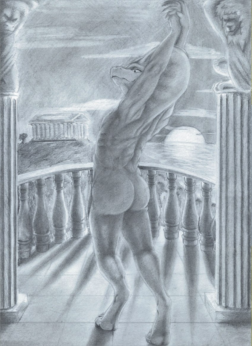 5_fingers albino ancient_greece anthro biceps big_butt butt detailed_background exhibitionism fingers looking_at_viewer male muscular muscular_anthro muscular_male nude smile snake_hood solo stretching white_body silvcos mor_(character) cobra reptile scalie snake absurd_res graphite_(artwork) greyscale hi_res monochrome pencil_(artwork) traditional_media_(artwork)