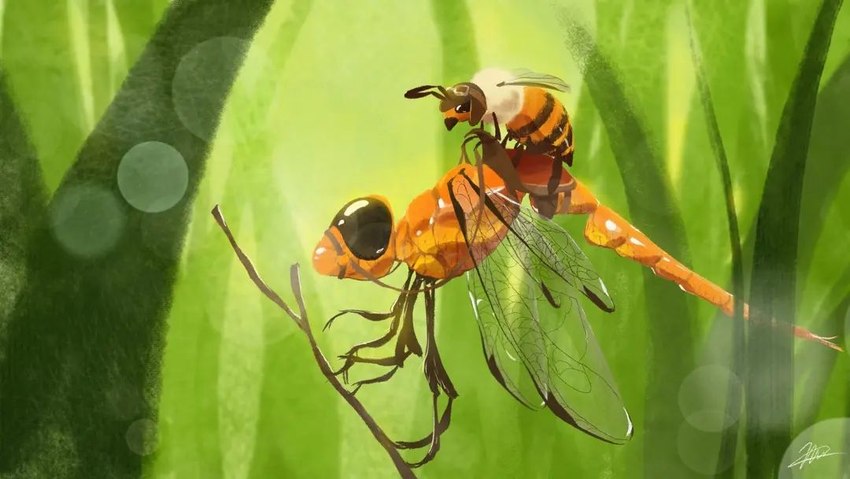 ambiguous_gender aviator_cap duo feral flying grass insect_wings learning_to_fly outside plant reins riding saddle segmented_body size_difference striped_body stripes taming translucent translucent_wings wings nico_ching arthropod bee dragonfly hymenopteran insect 2022 digital_media_(artwork) signature