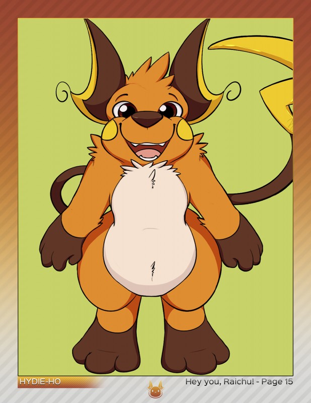 ambiguous_gender brown_eyes digitigrade feral green_background looking_at_viewer open_mouth simple_background slightly_chubby smile solo standing tongue wide_hips canvaskat nintendo pokemon generation_1_pokemon mammal pokemon_(species) raichu rodent hi_res