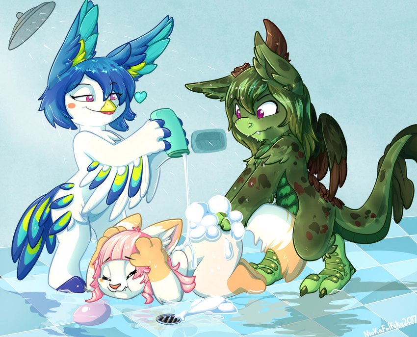 3_fingers 3_toes 4_fingers anthro bath beak blue_hair broken_horn detailed_background fangs feathers feet female fingers fur green_body green_fur green_hair group hair horn inner_ear_fluff orange_body orange_fur paws pink_eyes pink_hair purple_eyes shampoo shampoo_bottle shower soap suds tail teeth toes trio tuft water white_body white_fur niu-ka mythology kyisha perico avian bird domestic_cat dragon felid feline felis mammal mythological_creature mythological_scalie scalie 2017