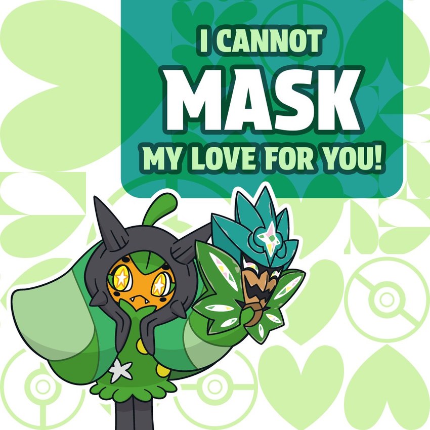 2_horns biped black_eyebrows blush blush_stickers cloak clothing cute_fangs exclamation_point eyebrows eyelashes fangs female front_view green_background green_cloak green_clothing green_eyelashes green_heart green_text green_text_box heart_background holding_mask holidays horn humor mask not_furry orange_face outline pattern_background pokeball_symbol pun pupils simple_background solo standing star_pupils teeth text text_box thin_thighs translucent_text_box valentine's_day_card white_background white_heart white_outline white_pupils white_text yellow_eyes unknown_artist nintendo pokemon valentine's_day generation_9_pokemon humanoid legendary_pokemon ogerpon pokemon_(species) teal_mask_ogerpon 1:1 2024 colored digital_drawing_(artwork) digital_media_(artwork) english_text full-length_portrait green_theme official_art portrait shaded simple_shading