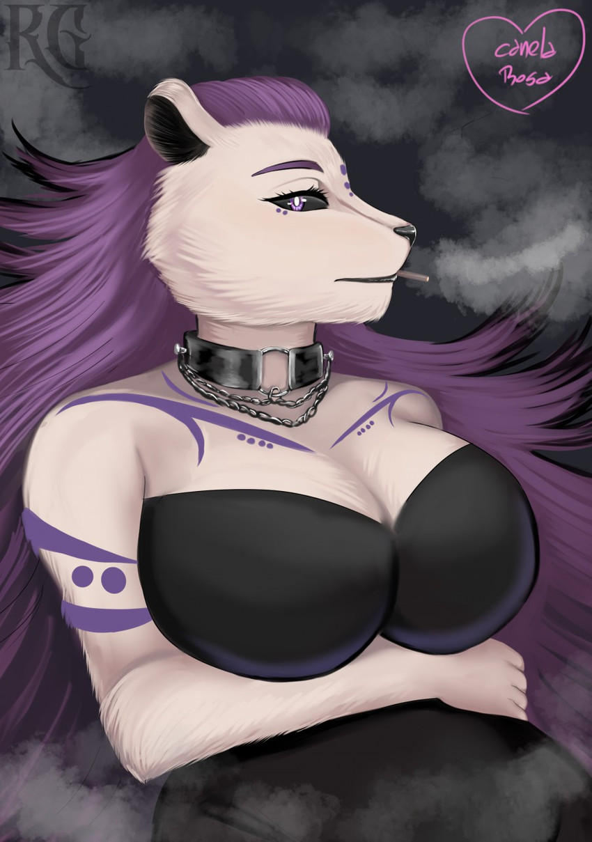 anthro big_breasts breasts clothed clothing female hair simple_background solo canelarosa ratha_grim felid lion mammal pantherine digital_media_(artwork) hi_res