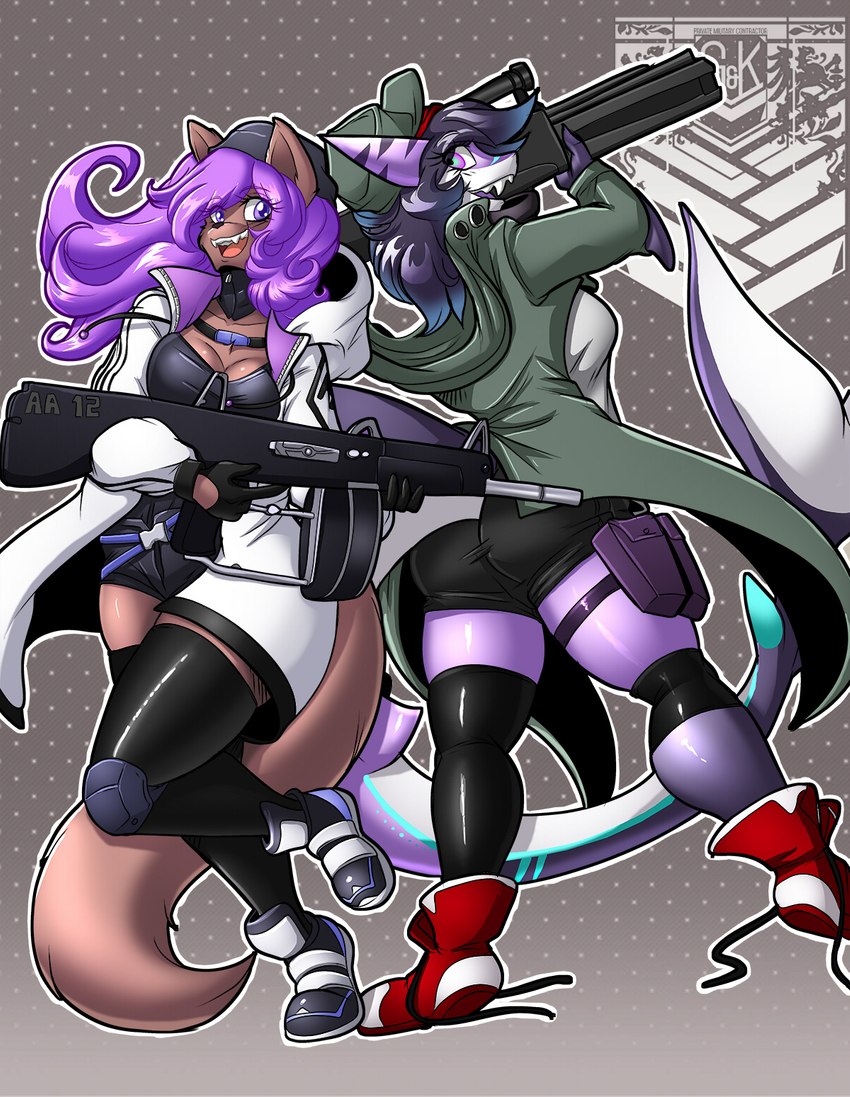 aa-12 anthro blue_hair brown_body brown_fur clothing duo female footwear fur g11 gun hair holding_object holding_weapon long_hair looking_at_viewer looking_back open_mouth open_smile purple_eyes purple_hair ranged_weapon rifle shoes shotgun simple_background smile weapon avencri girls_frontline rose_(durandall) canid canine canis domestic_dog fish mammal marine shark wolf hi_res