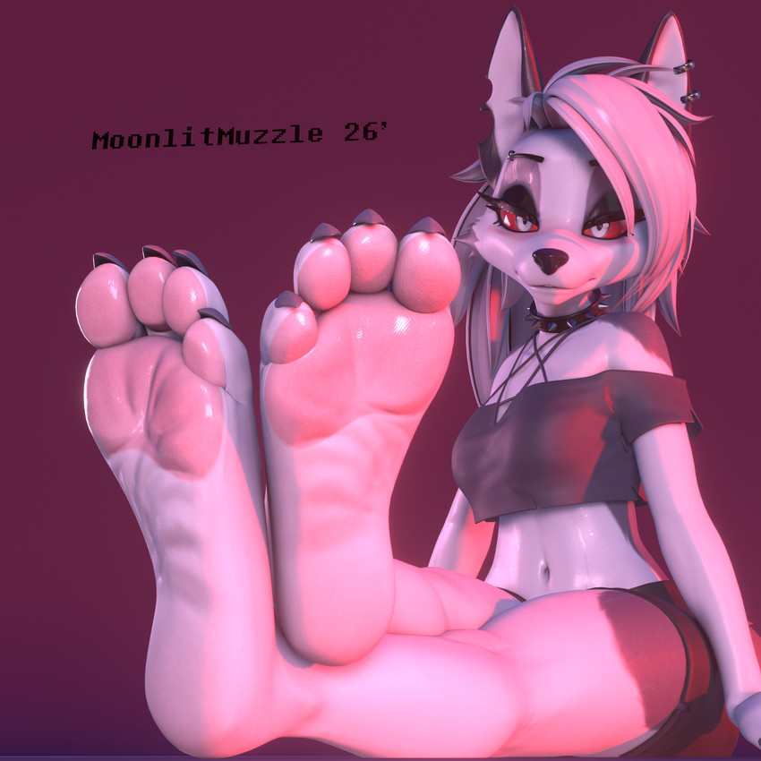 anthro bottomwear breasts clothed clothed_anthro clothed_female clothing collar feet female foot_fetish foot_focus glistening glistening_body halter_top looking_at_viewer navel shorts simple_background sitting soles solo spiked_collar spikes wrinkled_feet wrinkles moonlitmuzzle kaylafox_(modeler) hellaverse helluva_boss loona_(helluva_boss) 1:1 3d_(artwork) digital_media_(artwork) hi_res
