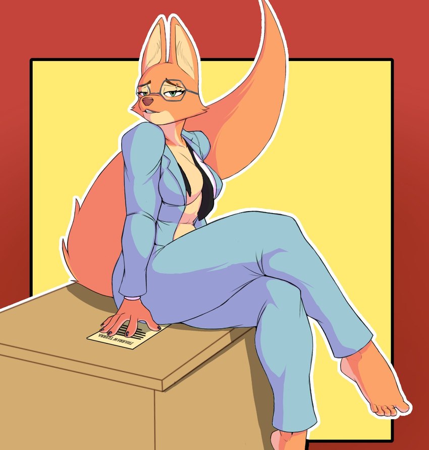 anthro barefoot bedroom_eyes breasts clothed clothing crossed_legs eyebrow_piercing eyewear facial_piercing feet female fluffy fluffy_tail fur glasses humanoid_feet jacket long_tail narrowed_eyes necktie open_clothing open_jacket open_topwear orange_body orange_fur piercing plantigrade seductive sitting solo suit tail topwear f_draws dreamworks the_bad_guys diane_foxington canid canine fox mammal 2023 hi_res