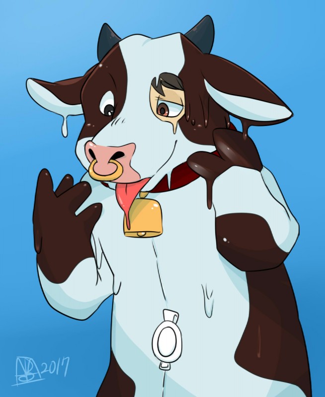 4_fingers anthro black_hair blue_background brown_eyes collar facial_piercing fingers hair horn latex male markings nose_piercing nose_ring nozzle piercing ring_piercing simple_background smile solo spots tongue tongue_out transformation matatabi88 tiri_mama bovid bovine cattle holstein_friesian_cattle human mammal 2017 digital_drawing_(artwork) digital_media_(artwork) hi_res