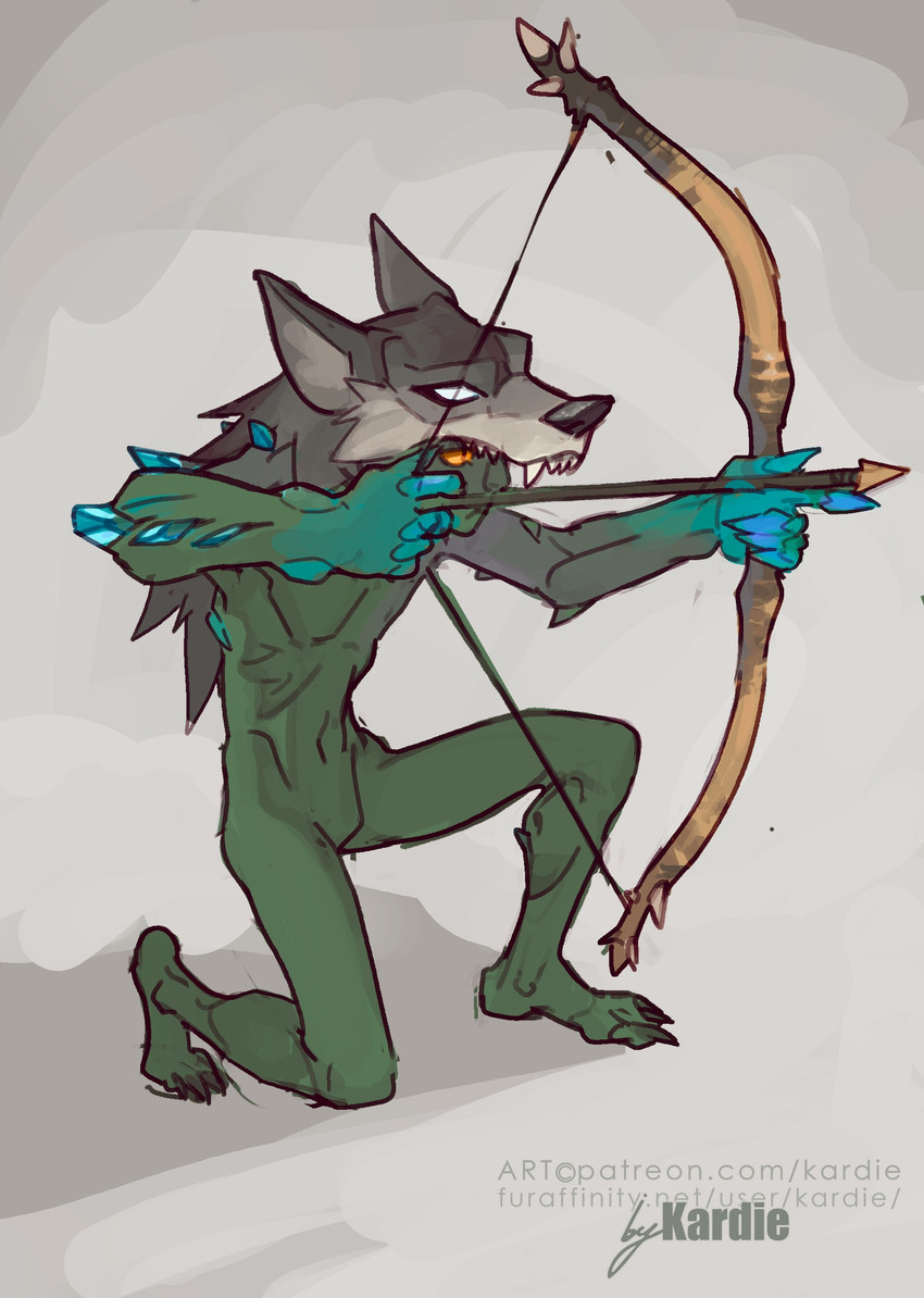 5_fingers animal_helmet anthro arrow_(weapon) black_nose bow_(weapon) feet fingers green_body green_skin grey_background holding_bow_(weapon) holding_object holding_ranged_weapon holding_weapon kneeling looking_forward male orange_eyes ranged_weapon simple_background skull_helmet solo text toes weapon wolf_helmet kardie goblin humanoid 2020 digital_media_(artwork) hi_res signature url