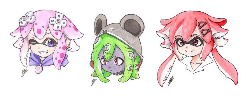 accessory clothing d-pad eyemask eyewear female green_hair grey_body group hair hair_accessory jacket pointy_ears pseudo_hair purple_eyes purple_hair red_eyes red_hair simple_background tentacle_hair tentacles topwear trio white_background men-dont-scream hyperdimension_neptunia nintendo splatoon inkling_girl linda_(neptunia) neptune_(neptunia) octoling_girl tennouboshi_uzume animal_humanoid cephalopod cephalopod_humanoid cpu_(goddess) humanoid inkling marine marine_humanoid mollusk mollusk_humanoid octarian octoling absurd_res hi_res