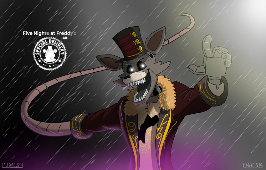 4_fingers anthro black_nose black_sclera bone clothed clothing coat fingers fur glowing glowing_eyes grey_background grey_body grey_fur hat headgear headwear looking_at_viewer machine male metal metallic metallic_body multicolored_body open_mouth pose raining raised_arm ringmaster sharp_teeth simple_background skull smile solo tan_body tan_fur teeth text top_hat topwear torn_body whip whip_hand white_eyes yellow_body calesote514 five_nights_at_freddy's five_nights_at_freddy's_ar scottgames foxy_(fnaf) ringmaster_foxy_(fnaf) animatronic canid canine fox mammal robot 2020 english_text half-length_portrait hi_res portrait signature