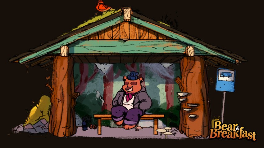 anthro black_eyes bottomwear brown_body clothing dot_eyes hat headgear headwear hoodie outside pants plant sitting solo topwear tree unknown_artist bear_and_breakfast hank_(bear_and_breakfast) bear mammal 16:9 concept_art hi_res official_art widescreen