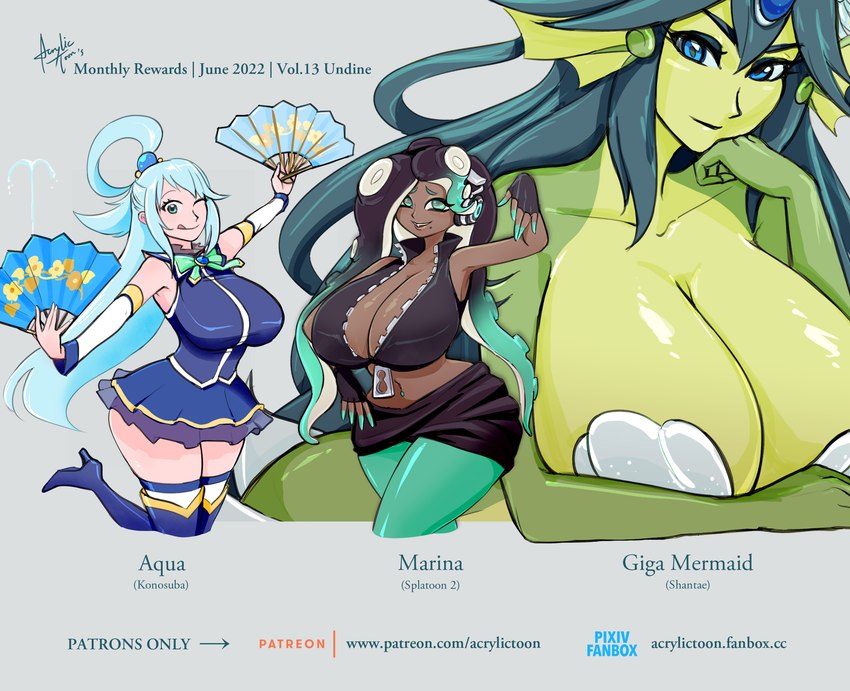 big_breasts black_clothing black_hair blue_clothing blue_dress blue_eyes blue_hair bottomwear bra breasts cleavage clothed clothing dress fans female footwear green_body green_bottomwear green_clothing green_pants green_skin group hair high_heels huge_breasts pants seashell_bra shoes split_form teal_hair text underwear acrylictoon konosuba:_god's_blessing_on_this_wonderful_world! nintendo shantae_(series) splatoon wayforward aqua_(konosuba) giga_mermaid marina_(splatoon) cephalopod human mammal marine merfolk mollusk octarian octoling digital_media_(artwork) english_text hi_res url