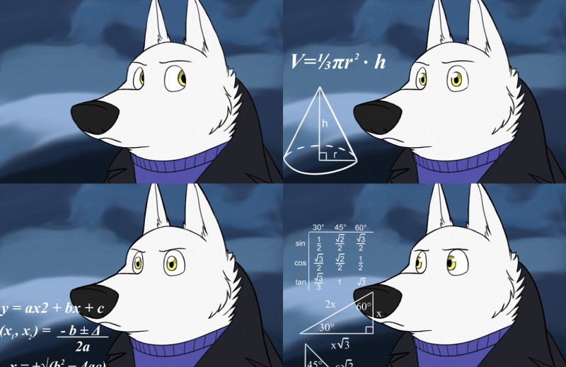 anthro base_two_layout basic_sequence clothed clothing four_frame_grid four_frame_image four_frame_sequence fur grid_layout male math regular_grid_layout shirt simple_background solo topwear two_row_layout white_body white_fur yellow_eyes skunkbutt_(artist) disney math_lady zootopia gary_(zootopia) canid canine canis mammal wolf hi_res meme sequence