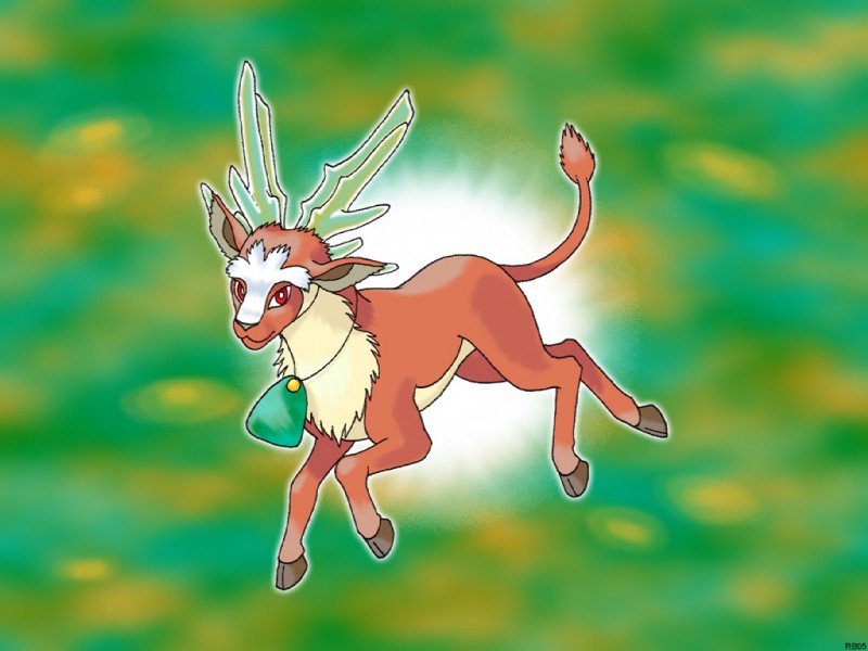 antlers brown_body brown_fur feral fur green_background hooves horn jewelry necklace red_eyes simple_background solo yellow_body yellow_fur racieb fakemon pokemon_diamond_and_jade deer mammal 4:3