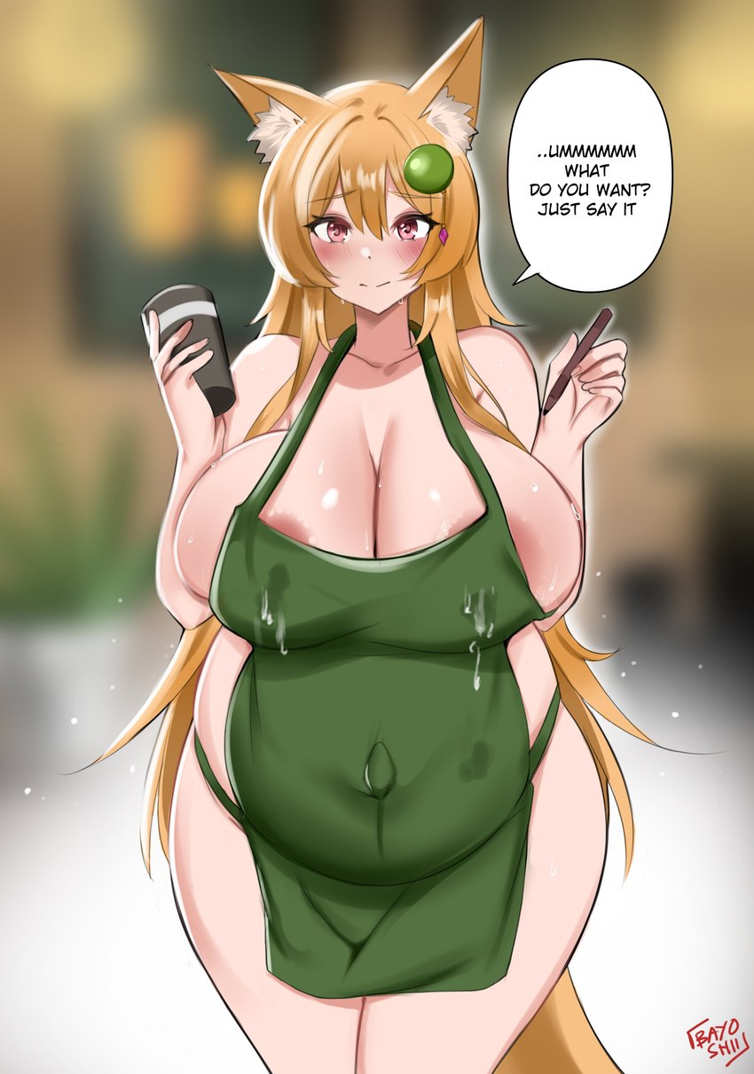 apron apron_only belly big_belly big_breasts blush bodily_fluids breasts cleavage clothed clothing container cup dialogue female green_apron green_clothing holding_container holding_cup holding_object holding_pen huge_breasts lactating lactating_through_clothing left-handed looking_at_viewer milk mostly_nude pen pregnant pregnant_female pregnant_humanoid solo speech_bubble text wet wet_clothing bayoshii i_mean_breast_milk animal_humanoid canid canid_humanoid canine canine_humanoid fox_humanoid humanoid mammal mammal_humanoid absurd_res english_text hi_res meme