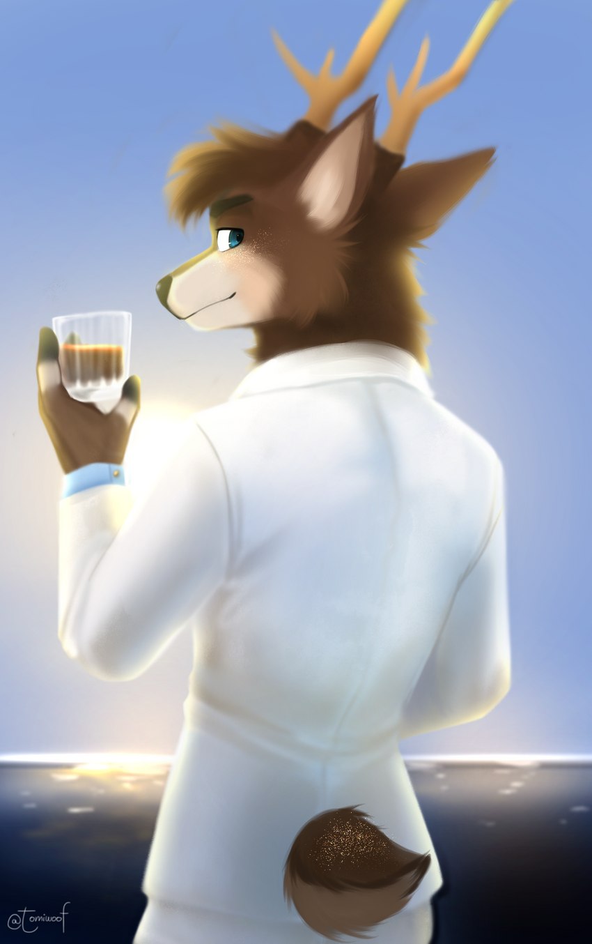 alcohol anthro antlers beverage blue_eyes brown_body brown_fur clothing container content_smile cup depth_of_field drinking_glass fingers fluffy fur glass glass_container glass_cup head_tuft hooved_fingers hooves horn lake looking_at_viewer looking_back male neck_tuft scut_tail shoreline short_tail solo suit sunset tail tuft white_clothing white_suit tomiwoof hako_frost cervine deer elk mammal absurd_res hi_res