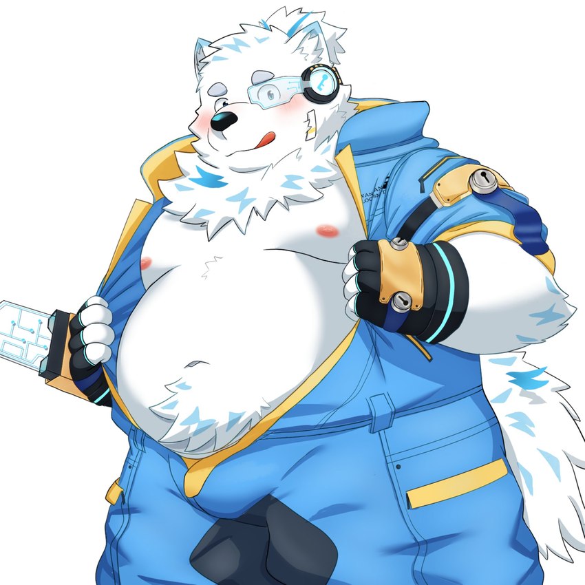 anthro belly blue_clothing blue_eyes blush clothing fingerless_gloves fur gloves handwear jumpsuit male moobs navel nipples overweight overweight_male presenting_belly scouter solo superhero undressing white_body white_fur ruoain lifewonders live_a_hero yohack canid canine canis domestic_dog mammal nordic_sled_dog samoyed spitz 1:1 hi_res