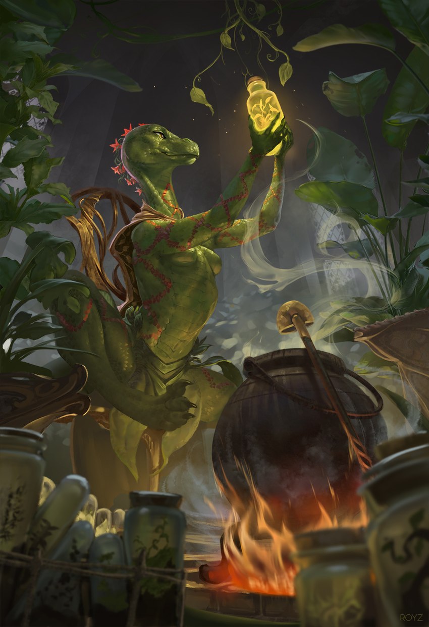 alchemist anthro cooking fantasy female flower magic plant potion solo spell conditional_dnp latex_(artist) mythology dragon mythological_creature mythological_scalie scalie hi_res