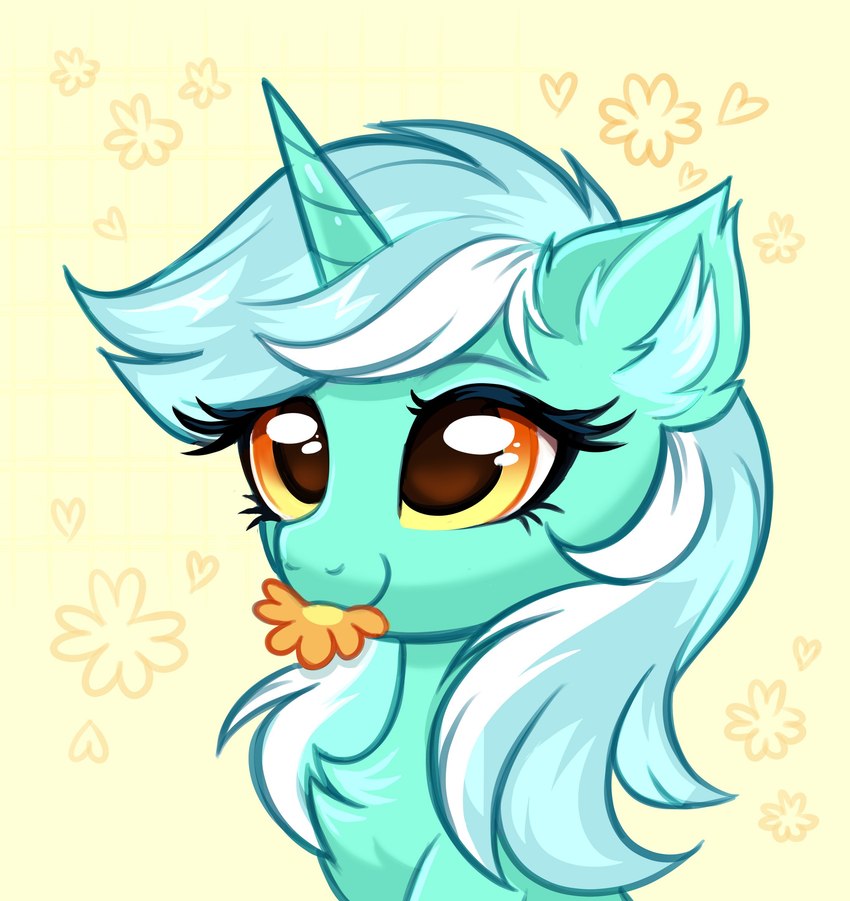 chest_tuft ear_tuft eyelashes female feral flower fluffy fur green_body green_fur green_hair hair horn inner_ear_fluff mouth_hold multicolored_hair plant smile solo tuft two_tone_hair unicorn_horn yellow_eyes confetticakez friendship_is_magic hasbro my_little_pony mythology lyra_heartstrings_(mlp) equid equine mammal mythological_creature mythological_equine unicorn absurd_res bust_portrait hi_res portrait