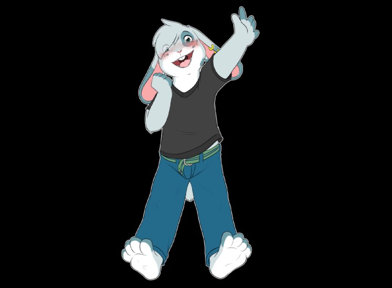 anthro barefoot belt biped blush bottomwear buckteeth clothed clothing denim denim_bottomwear denim_clothing feet fully_clothed gesture hair hair_over_eye jeans looking_at_viewer male one_eye_obstructed open_mouth pants shirt simple_background solo t-shirt teeth topwear transparent_background waving benji_(artist) tachibun lagomorph leporid mammal rabbit alpha_channel flat_colors signature