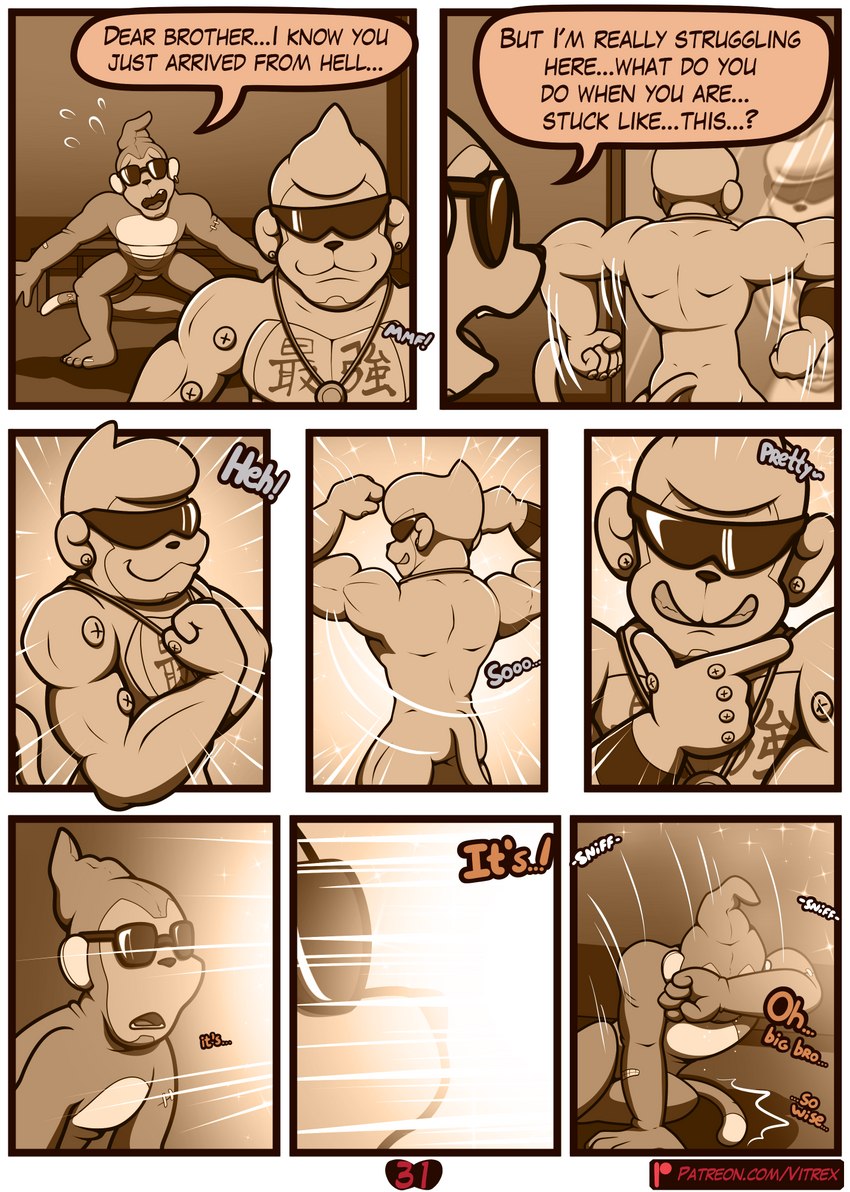 anthro butt dialogue ear_piercing ear_ring eyewear fangs fur inside male muscular muscular_male nude open_mouth piercing ring_piercing smile speech_bubble sunglasses tail teeth text vitrex bandai_namco digimon digimon_(species) etemon haplorhine mammal metaletemon monkey primate comic digital_media_(artwork) english_text hi_res monochrome