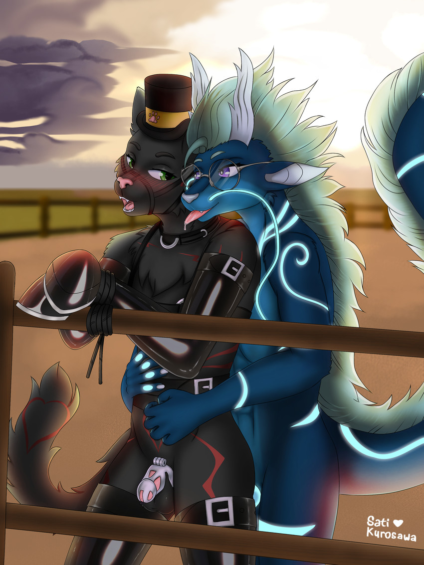 anthro bdsm bondage bound chastity_cage chastity_device discipline dominant duo field halt harness hooves latex male male/male nature petplay ponyplay ranch roleplay slave submissive sati_kurosawa mythology dragon felid feline mammal mythological_creature mythological_scalie scalie absurd_res hi_res