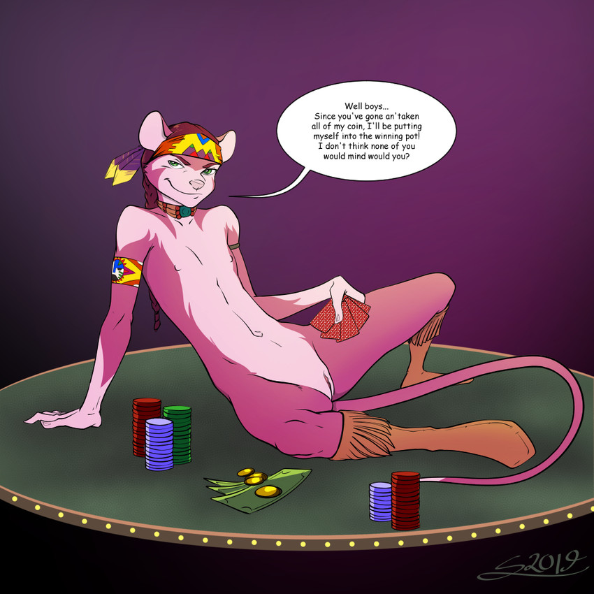 anthro biped boots clothing female flat_chested footwear footwear_only gambling genitals mostly_nude mouse_tail presenting pussy shoes shoes_only solo text shane_nelson shayla_the_pink_mouse mammal morph mouse murid murine rodent 1:1 english_text