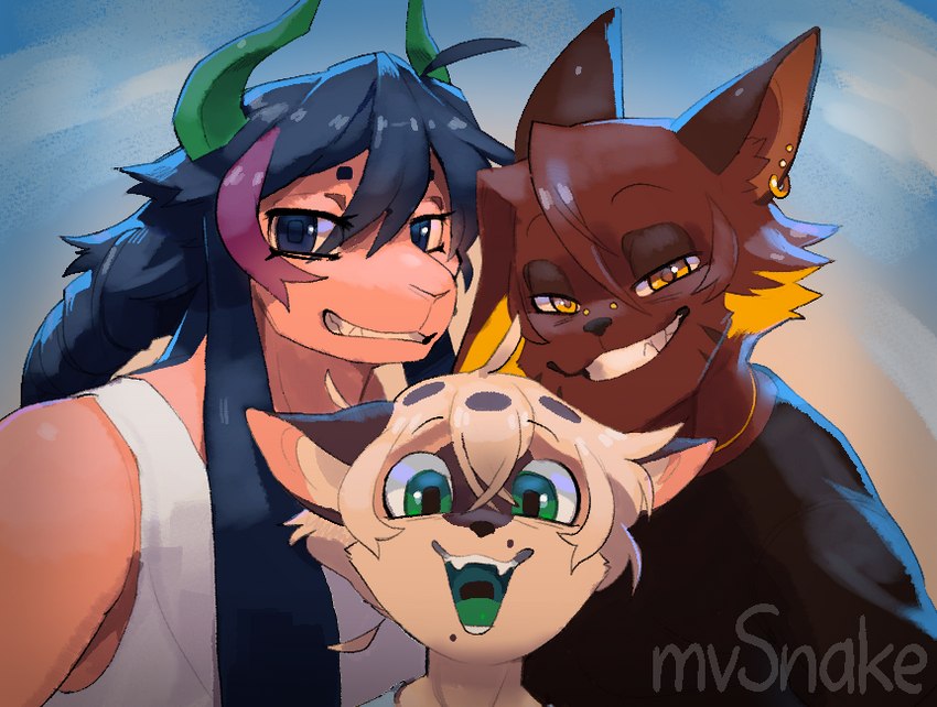 anthro clothed clothing green_eyes group hair horn looking_at_viewer male open_mouth open_smile smile smiling_at_viewer trio mvsnake jo_blueberry kihl_(mvsnake) domestic_cat felid feline felis mammal