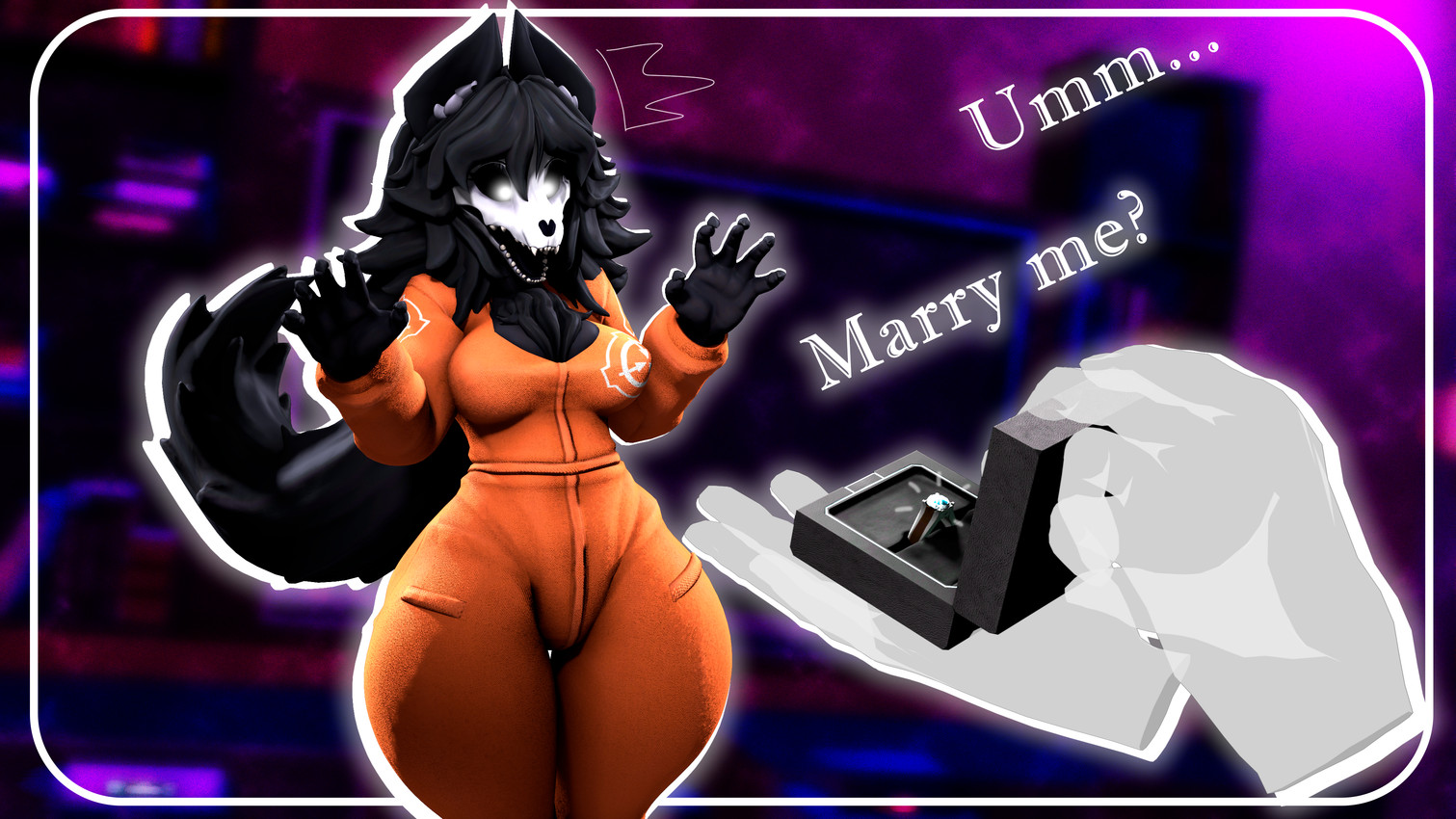 ambiguous_gender anthro black_body black_hair black_tail blurred_background bone breasts cleavage clothed clothing dialogue digit_ring disembodied_hand duo emanata fangs female glowing glowing_eyes hair holding_object inner_ear_fluff inside jewelry jumpsuit long_hair medium_breasts messy_hair open_mouth orange_clothing orange_jumpsuit prison_uniform ring ring_box sharp_teeth skull skull_head surprised tail teeth text thick_thighs tuft wedding_ring wide_hips zelyonka cryptiacurves_(modeler) da.nilkaz_(modeler) scp_foundation scp-1471-a scp-1471-a_(da.nilkaz) ambiguous_species canid canine malo mammal skulldog_(species) 16:9 3d_(artwork) 4k absurd_res digital_media_(artwork) english_text hi_res source_filmmaker_(artwork) watermark widescreen
