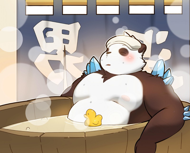 anthro bathing biped blush eyes_closed humanoid_hands male moobs nipples overweight overweight_anthro overweight_male sitting solo water neiiio bear giant_panda mammal 2019 hi_res