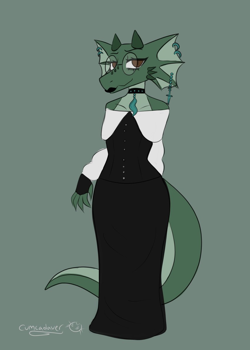 alternative_fashion anthro choker eye_bags eyewear female frill_(anatomy) frill_piercing furgonomics furry-specific_piercing glasses goth horn jewelry lips lipstick makeup necklace piercing solo thick_bottom_lip cumcadaver kobold scalie absurd_res hi_res