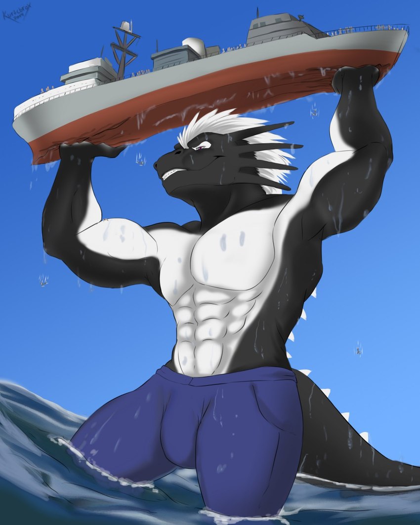 aircraft airplane anthro black_body black_scales bulge clothed clothing countershade_torso countershading destruction hair larger_dragon macro male muscular muscular_anthro muscular_male outside purple_eyes scales sea simple_background smile solo tail topless topless_male vehicle water watercraft white_hair white_soles kurtcbrox european_mythology mythology sig_(me-havoc) dragon mythological_creature mythological_scalie scalie western_dragon 2019 4:5 hi_res