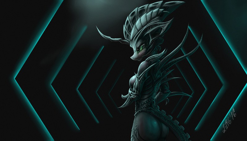 anthro bare_back breasts butt eyelashes female green_eyes horn nude side_boob solo zigword alien_(franchise) friendship_is_magic hasbro my_little_pony queen_chrysalis_(mlp) alien arthropod changeling hybrid xenomorph 2016 digital_media_(artwork) hi_res