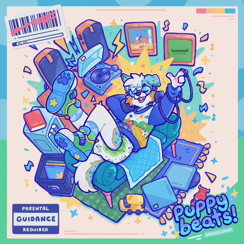 ageplay anthro barcode blue_body blue_fur brown_body brown_fur clean_diaper clothed clothing diaper electronics eyes_closed eyewear footwear fur glasses green_diaper headphones infantilism male multicolored_body multicolored_fur open_mouth open_smile record_player relaxing roleplay rug shoes smile solo speaker text topwear toy_car vinyl vinyl_record wearing_diaper spacefluuff chromakopia nevi_(pubbywubby) tyler_the_creator canid canine canis domestic_dog mammal 1:1 2025 album_cover cover digital_media_(artwork) english_text hi_res