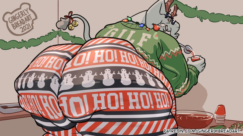 anthro bell big_butt butt christmas_clothing clothing ear_piercing eyewear female glasses holidays looking_at_viewer obese obese_anthro obese_female overweight overweight_anthro overweight_female piercing pouring_drink proboscis_(anatomy) punch_bowl solo sweater topwear trunk_(anatomy) wearing_glasses gingerlybreadart christmas zoe_(gingerlybreadart) elephant elephantid mammal proboscidean 16:9 2021 signature widescreen