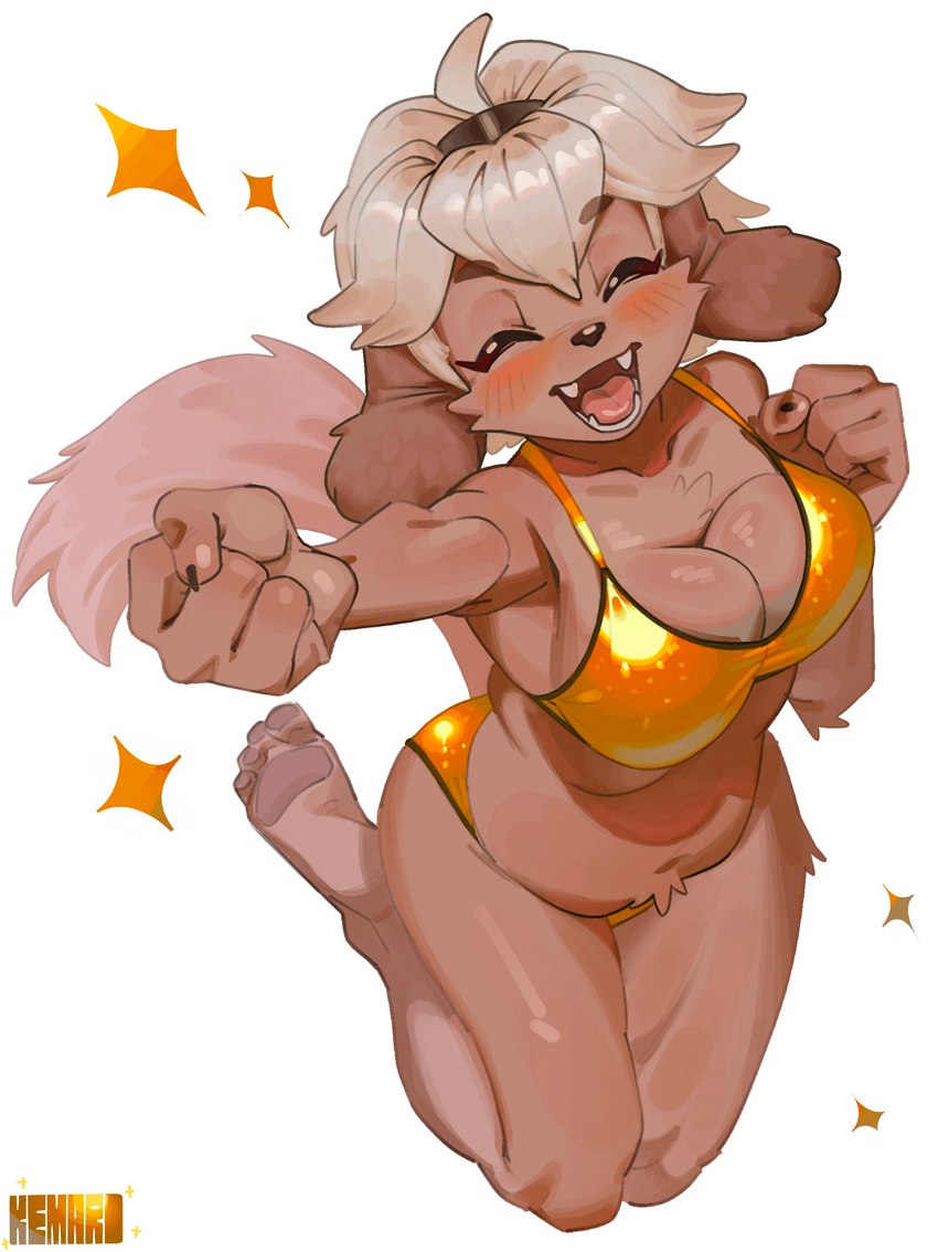 4_toes anthro barefoot belly belly_tuft big_breasts bikini biped blonde_hair blush breasts brown_nose chest_tuft claws cleavage clothed clothing eyes_closed fangs feet female fist floppy_ears hair jumping kemono lop_ears navel open_mouth open_smile pawpads paws pink_pawpads plantigrade slightly_chubby smile soles solo sparkles swimwear teeth toes tuft two-piece_swimsuit kemari golden_week lime_(kemari) canid canine canis domestic_dog mammal absurd_res digital_media_(artwork) hi_res